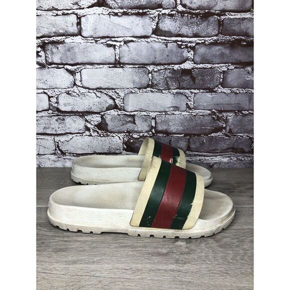 GUCCI Web White Rubber Logo Casual Slides Designer Sandals Men’s Sz 11M US/44EU - Picture 12 of 16